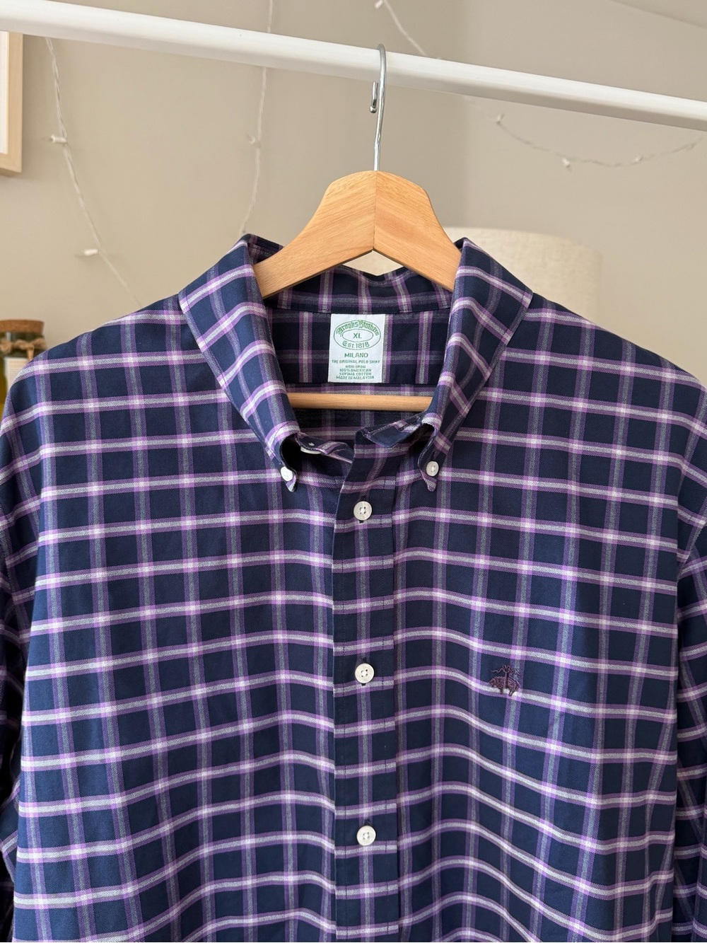 Brooks Brothers Milano Supima Cotton Purple Plaid Button-Down Shirt